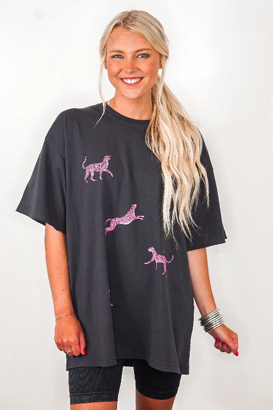 Dynamic Fashion Pink Cheetah Print Black Oversized Tee