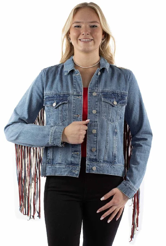 Printed pattern Scully Womens Americana Denim Fringe Red/White/Blue Cotton Blend Cotton Jacket