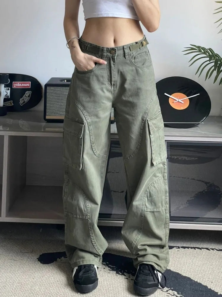 Alice style Y2K Green Cargo 90s Streetwear Wide Leg Denim Multy Pockets Pant