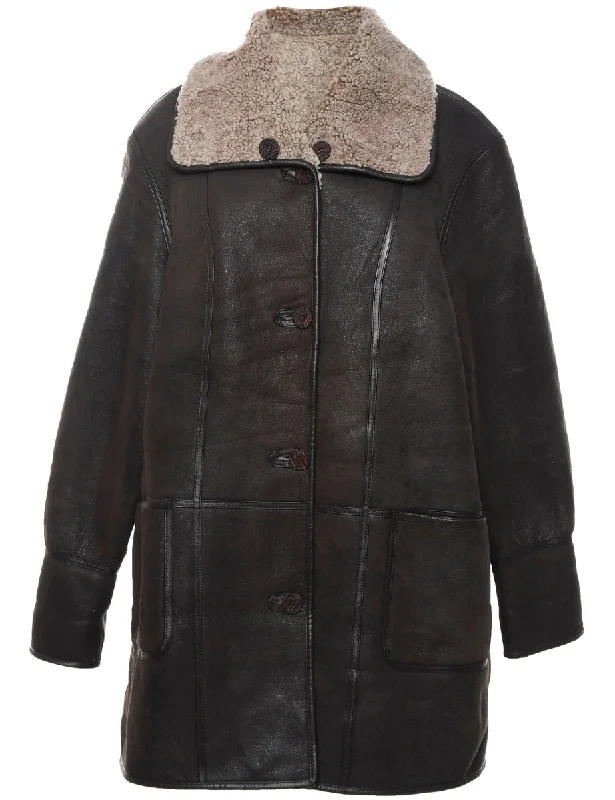 Street Show-off Style Single Breasted Brown Leather Faux Shearling Lined Jacket - L