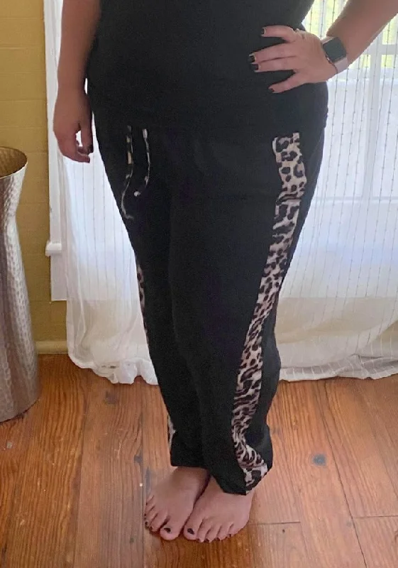 Celebrity Style Leopard Trimmed Joggers, Black