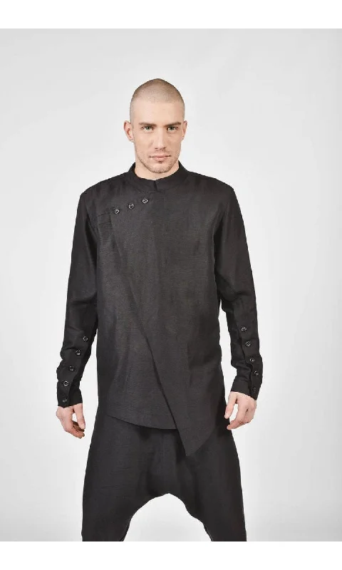 Elegant Classic Black Loose High Colar Linen Shirt