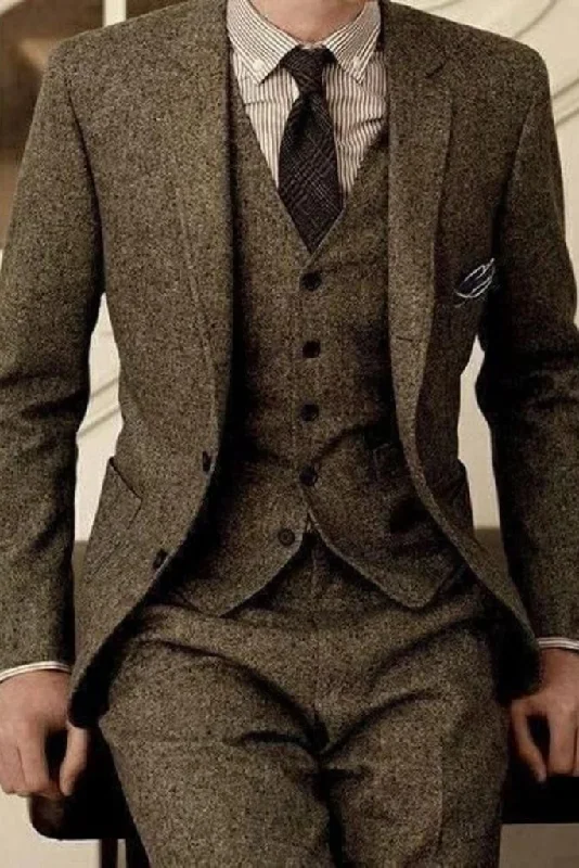 Printed Shirts Men Three Piece Tweed Suit Brown Winter Wedding Formal Suit Stylish Party Wear Suits