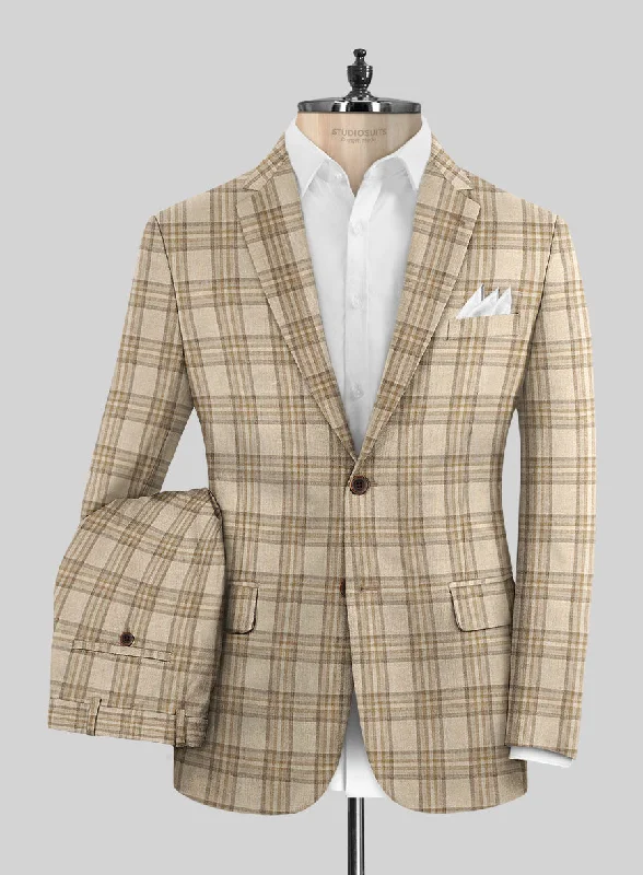 Casual Shirts Noble Beige Check Wool Silk Linen Suit