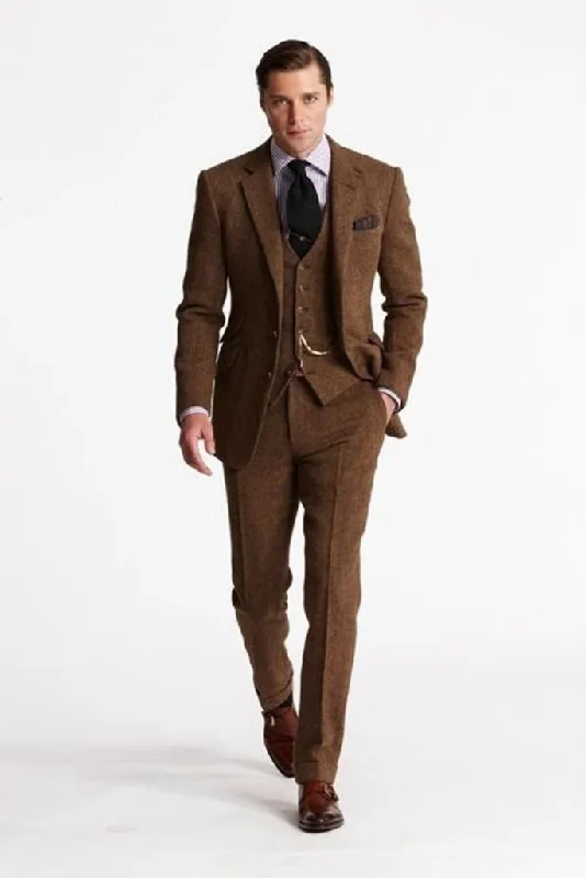 Polo Shirts Men Three Piece Tweed Brown Suits Wedding Suit, Dinner Suit, Party Wear Suit Groom Men Winter Suits, Men Slim Fit Suit