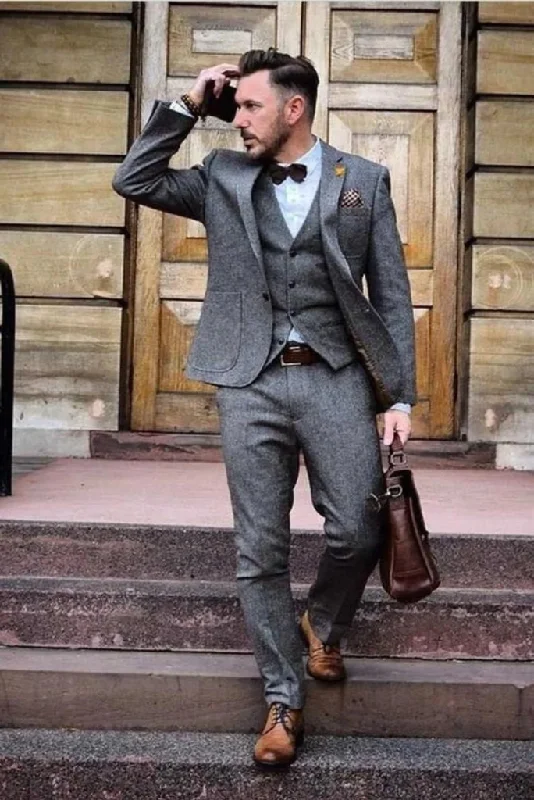 Street Casual Tweed grey three-piece wedding suit for men