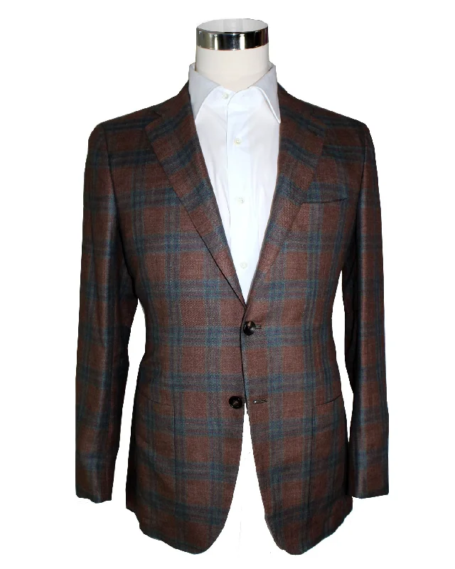 Oversized Jackets Kiton Sport Coat EU 48 - US 38 R Brown Turquoise Plaid Linen Cashmere Unlined Blazer REDUCED SALE