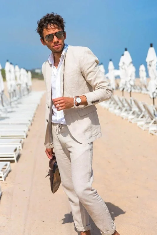 Slim Fit Suits Men Linen Two Piece Suits Beige Linen Classic Suits 2 Button Summer Linen Suits Beach Wedding Groom Linen Slim Fit Suits