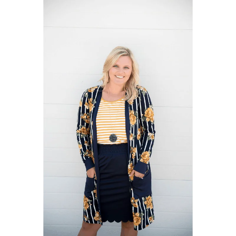 Mustard Floral Striped Tunic Cardigan