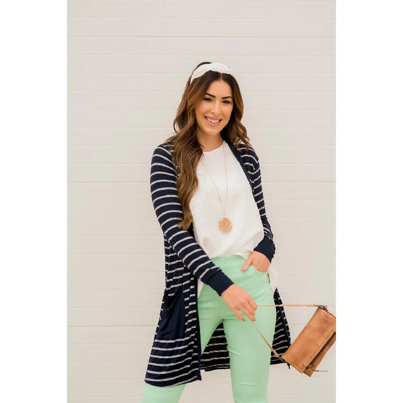 Triple Striped Pocket Tunic Cardigan