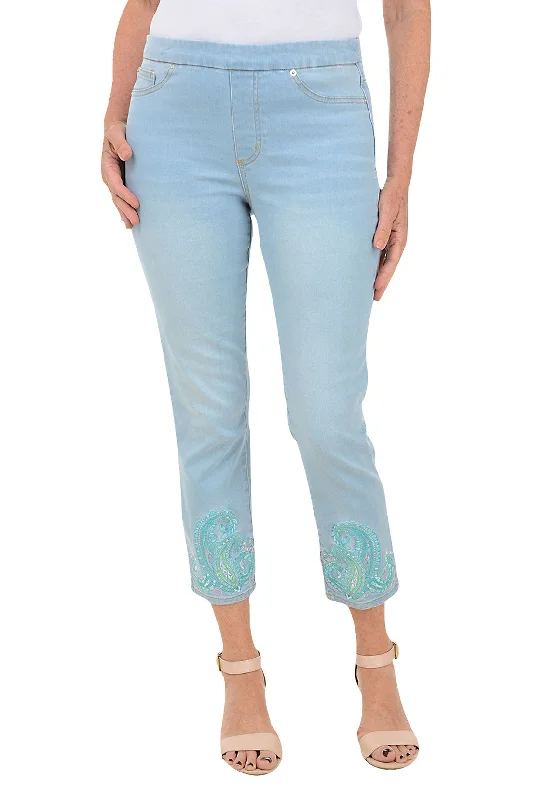 Embroidered Paisley Hem Denim Crop Pant