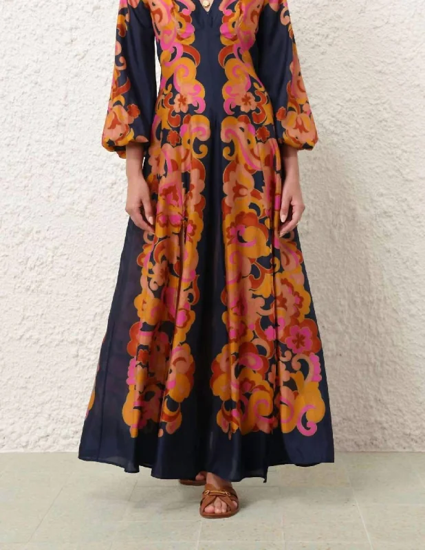 Free and comfortable Acadian Long Sleeve Maxi Dress In Navy Paisley