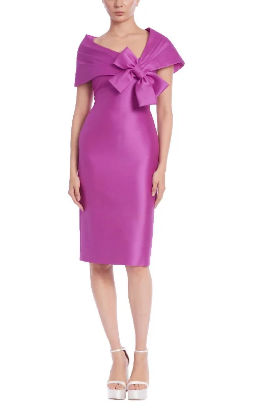 Printed pattern Bow Portrait Collar Sheath Dress In Orchid