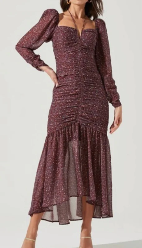 Boutique display Ditsy Print Long Sleeve Dress In Purple/brown