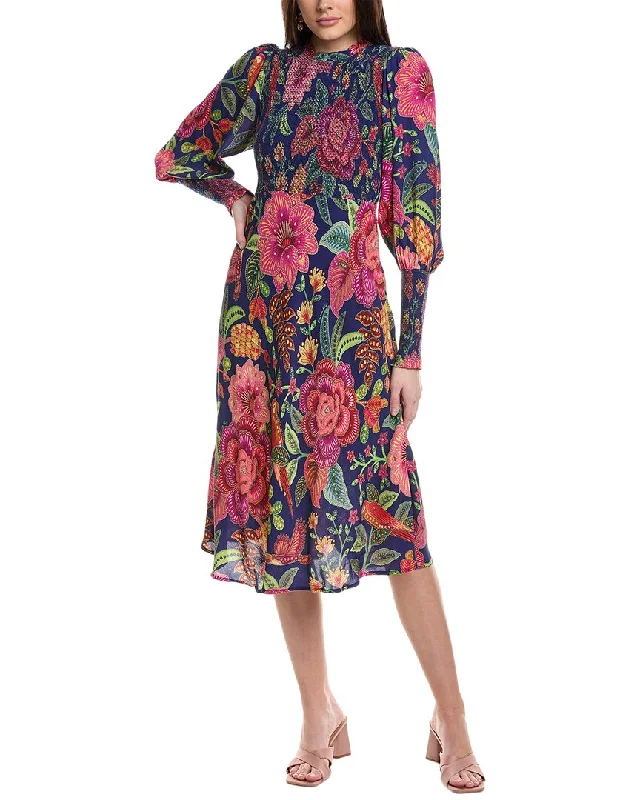 Renaissance Style FARM Rio Macaw Bloom Smocking Midi Dress