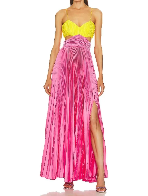 Casual And Casual Gorgeous Satin Pleated Maxi Dress In Yellow Tag & Calla Lily