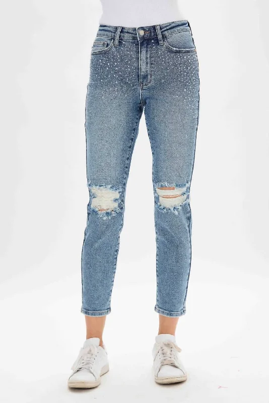 High Rise Rhinestone Embellished Jeans In Vintage Washed Blue