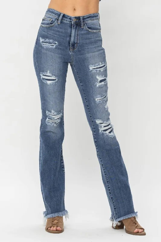 High Waist Patched Bootcut Jeans In Medium Washed Blue