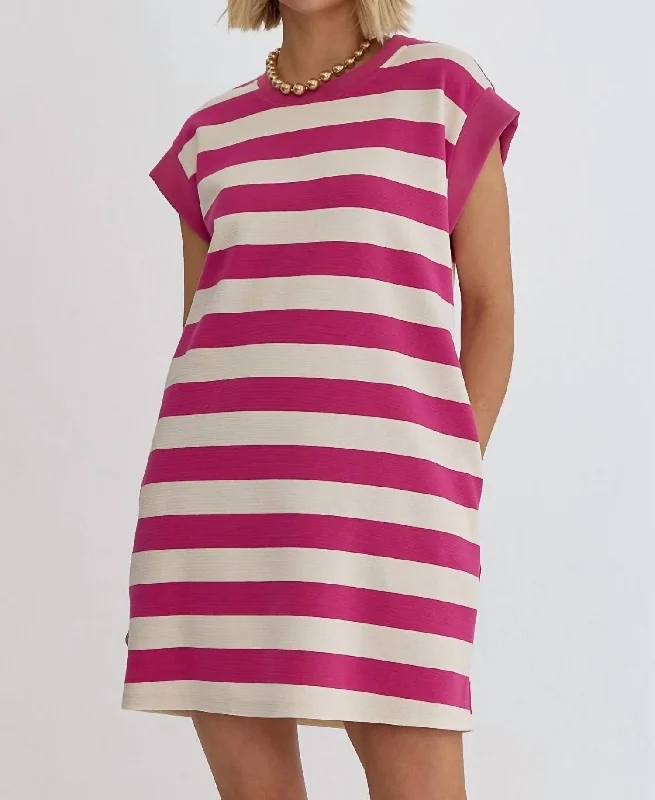 Luxury and fashionable It All Lines Up Stripe Dress In Hot Pink