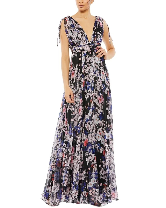 Floral Prints Mac Duggal Pleated V Neck Shoulder Tie Flowy Gown