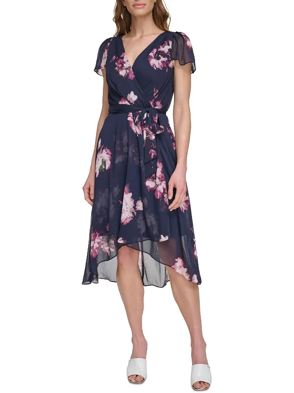 Creative Style Petites Womens Floral Print Crepe Midi Dress