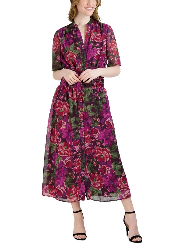 Elegant Classic Womens Floral Print Chiffon Shirtdress