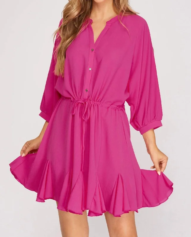 Classic Style Woven Dress In Hot Pink