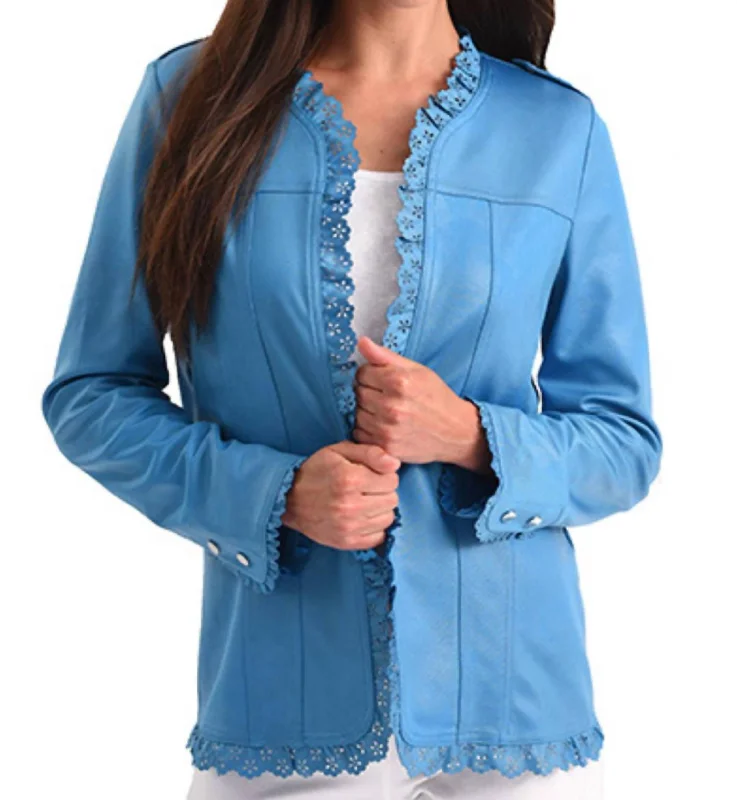 Microfiber Leather Laser Cut Open Jacket In Turquoise