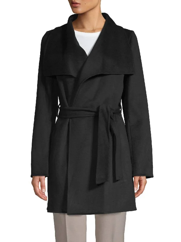 Women Ella Lightweight Wool Wrap Trench Coat Jacket In Black