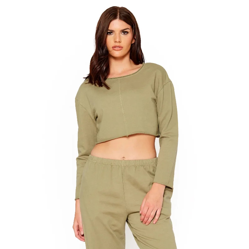 Cropped Scoop Neck Terry Sweatshirt In Olive