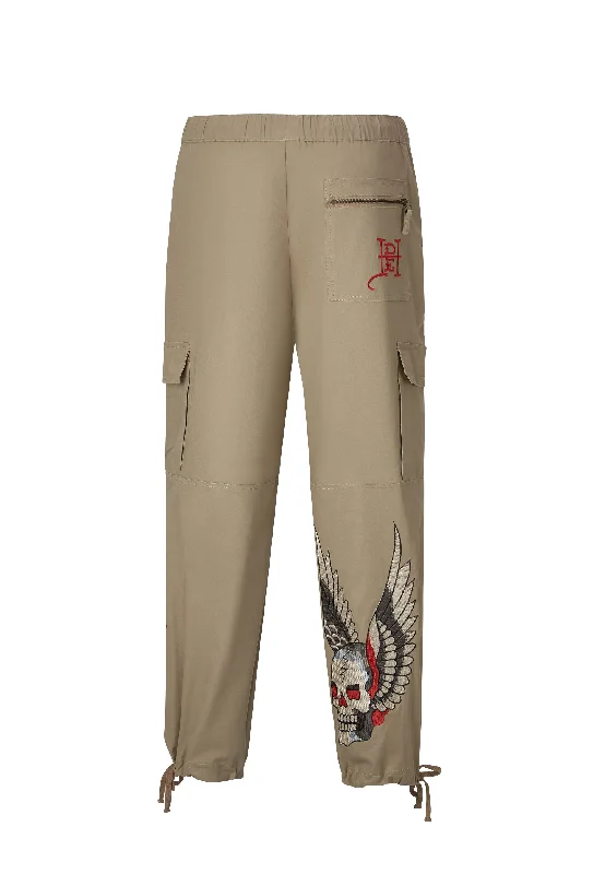 Mens Destiny Skull Wings Cargo Pants Trousers - Pebble