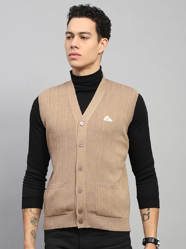 Men Beige Self Design V Neck Sleeveless Cardigan