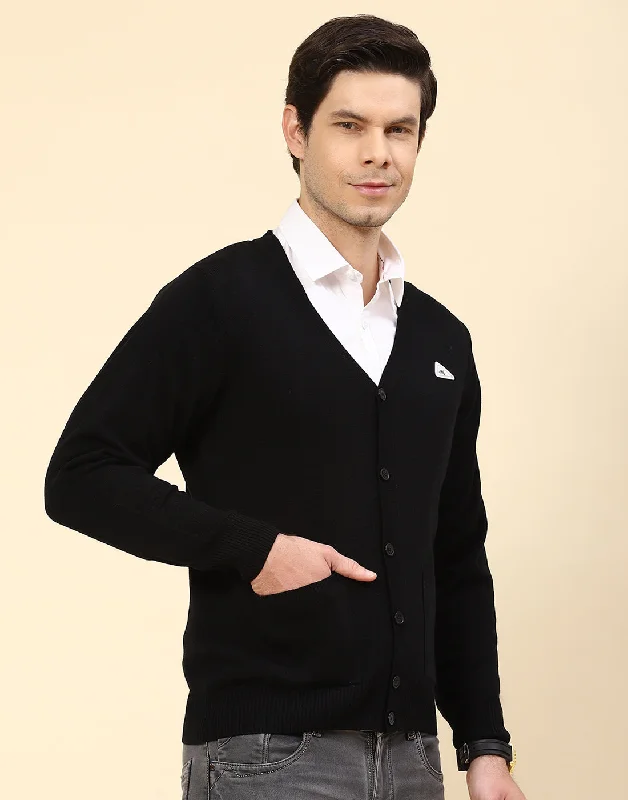 Men Black Solid V Neck Full Sleeve Cardigan