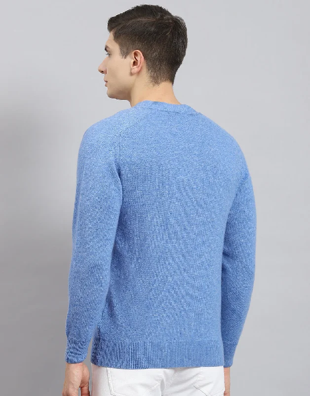 Men Blue Solid V Neck Full Sleeve Cardigan