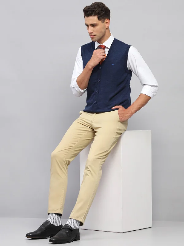 Men Navy Blue Solid V Neck Sleeveless Cardigan