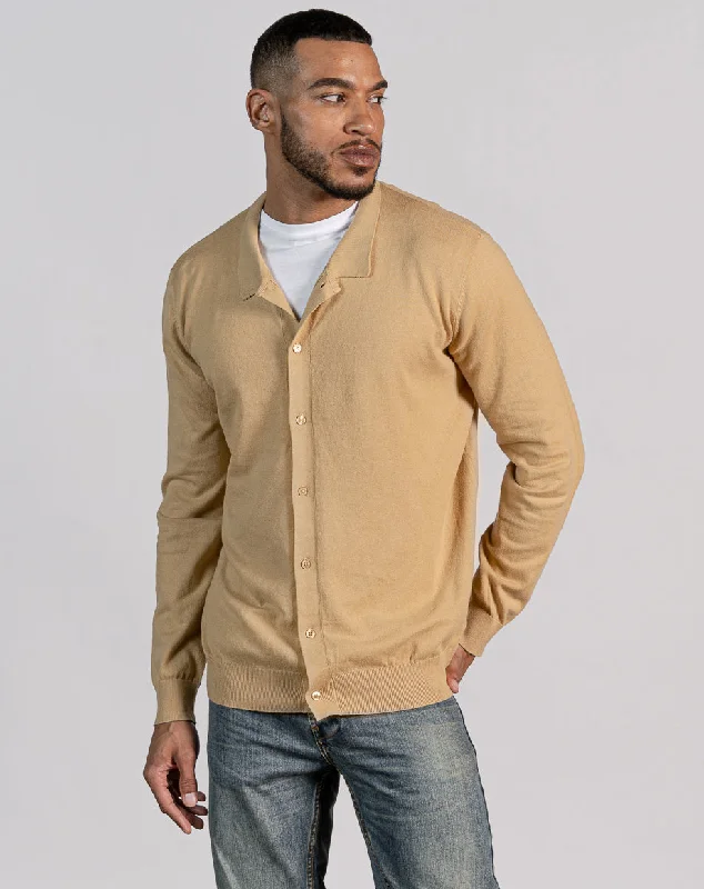 ESSENTIAL BUTTON THROUGH KNITTED SHIRT - CAMEL