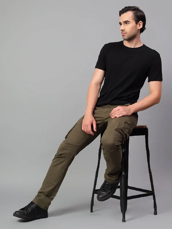 Men's Olive Green Solid Full Length Cargo